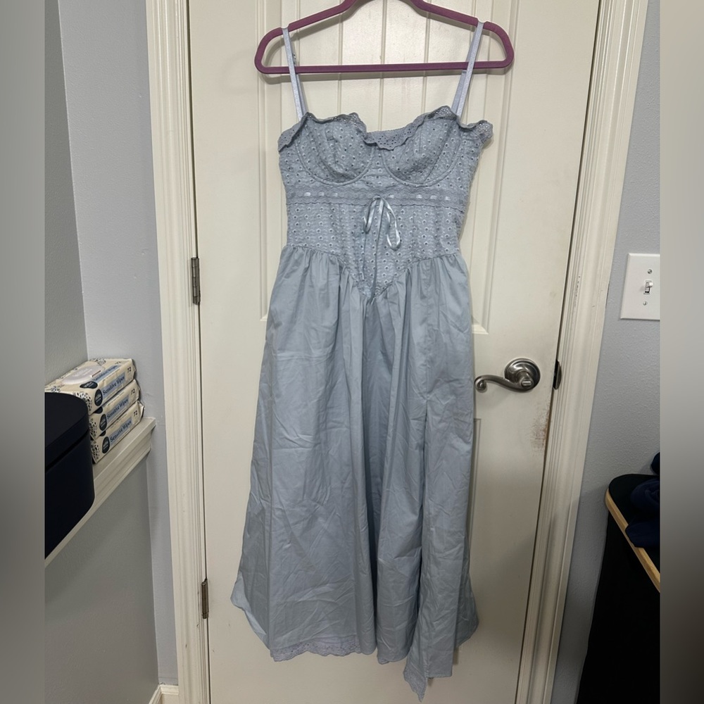 HOUSE OF CB 'Jaime' Soft Blue Broderie Anglais Midi SunDress NWOT